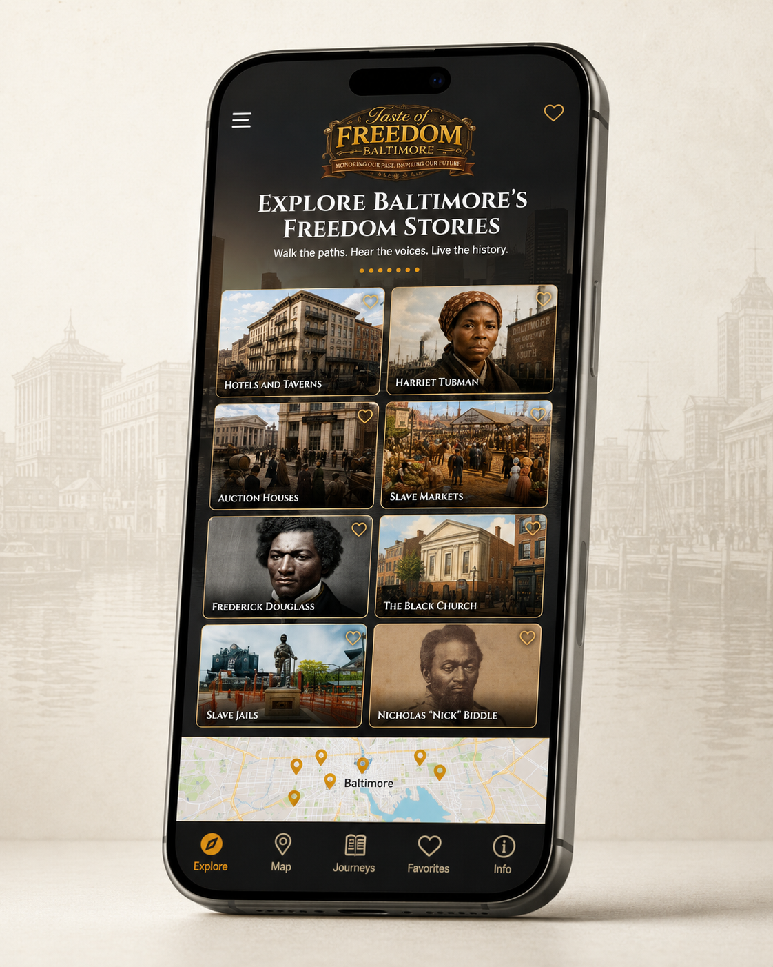 Mobile app interface showcasing Baltimore's historical freedom stories.